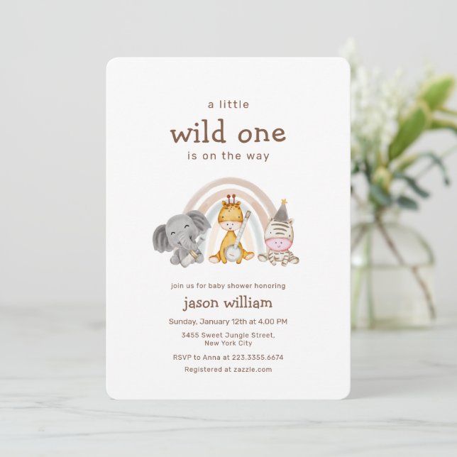 Convites Wild One Boho Rainbow Safari Animals Baby Shower  (Em pé/Frente)