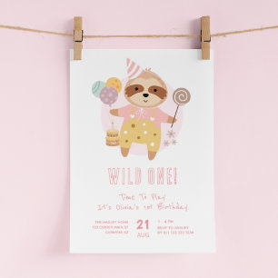 Convites Wild One Boho Sloth Rosa 1º Aniversário