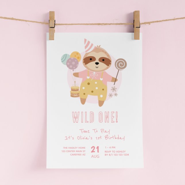 Convites Wild One Boho Sloth Rosa 1º Aniversário (Criador carregado)