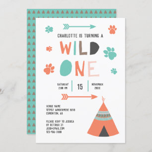 Convites Wild One Boho Tribal Girls Birthday Orange Teal