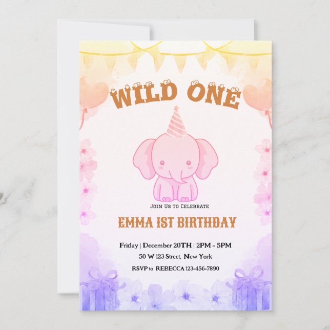 Convites Wild One Cute Elephant 1st Birthday Invitation (Frente)