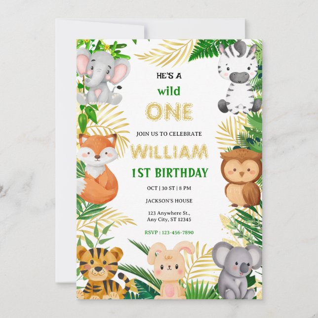 Convites Wild One Cute Jungle Animal Child's 1st Birthday  (Frente)