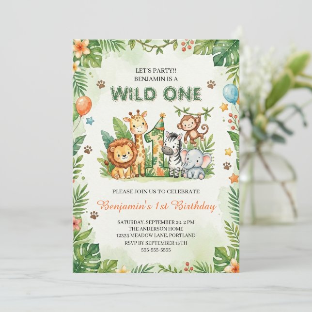 Convites Wild One Cute Jungle Animals Kids 1st Birthday  (Em pé/Frente)