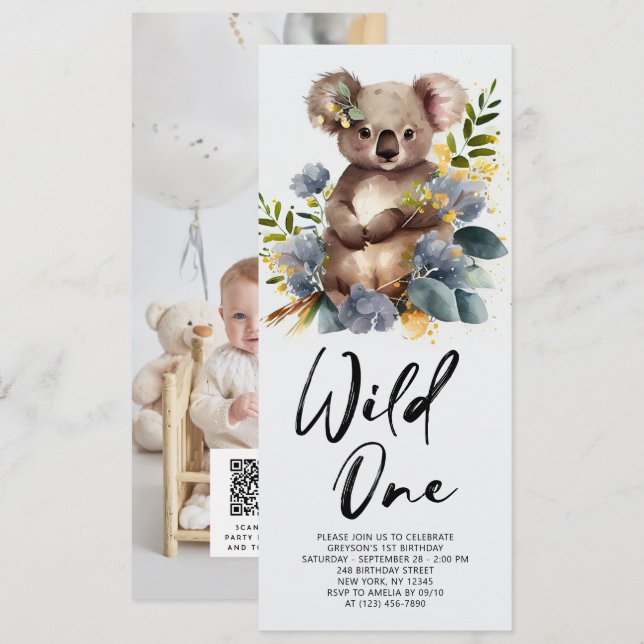 Convites Wild One Cute Koala primeiro aniversario Animal (Frente/Verso)