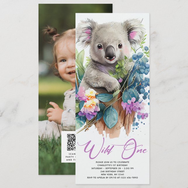 Convites Wild One Cute Koala primeiro aniversario Animal (Frente/Verso)