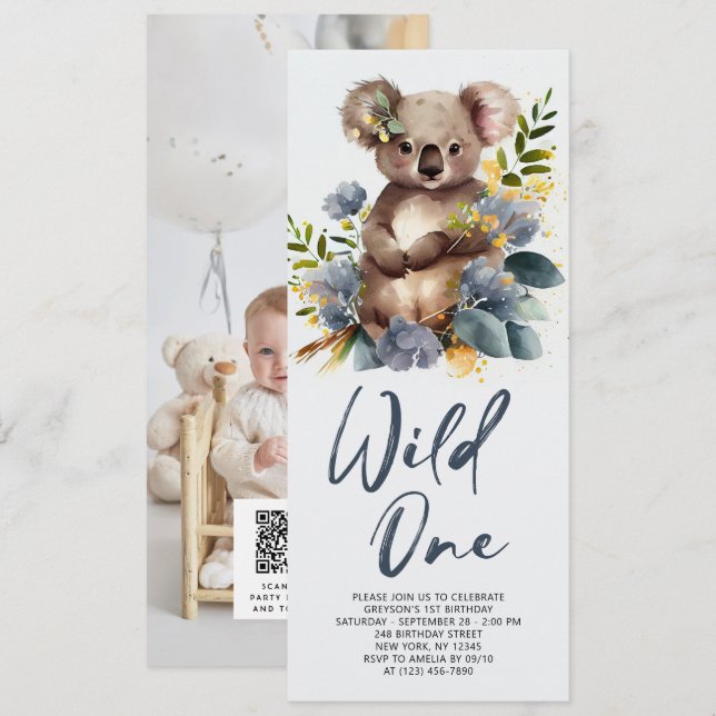 Convites Wild One Cute Koala primeiro aniversario Animal (Frente/Verso)