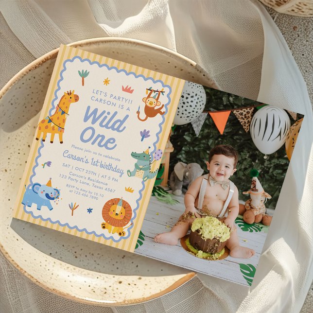 Convites Wild One Cute Safari Animals 1st Birthday Photo (Criador carregado)