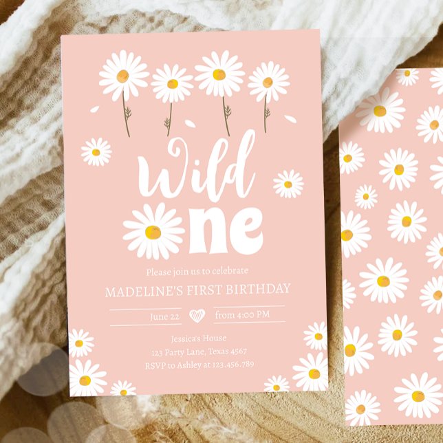 Convites Wild One Daisy Boho Retro Pink Girl Primeiro Anive (Criador carregado)