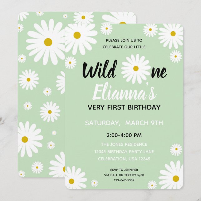 Convites Wild ONE Daisy Flower Girl Aniversário (Frente/Verso)