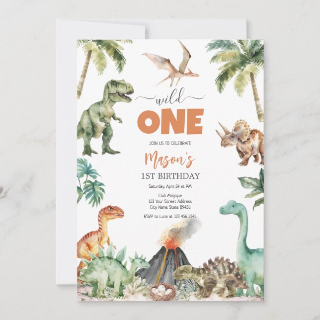 Convites Wild One Dinosaur Kids 1st Birthday Invitatio (Frente)