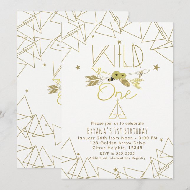 Convites WILD ONE Dourado e Branco Boho 1º Aniversário QUAL (Frente/Verso)
