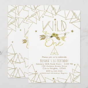 Convites WILD ONE Dourado e Branco Boho 1º Aniversário QUAL