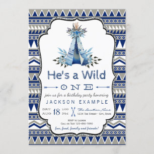 Convites Wild One Festa de aniversário Blue Teepee Primeiro