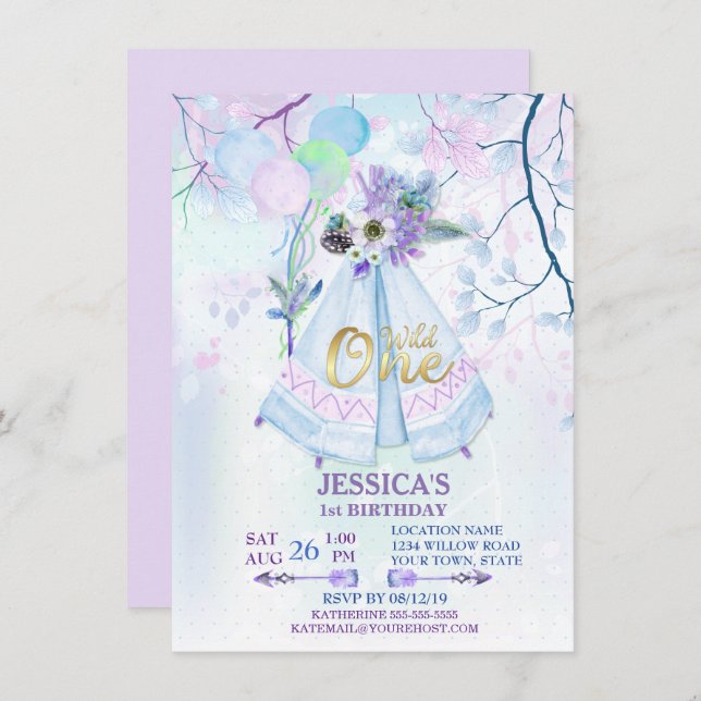 Convites Wild One First Birthday Blue TeePee Boho (Frente/Verso)