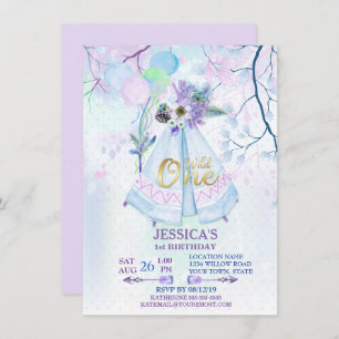 Convites Wild One First Birthday Blue TeePee Boho