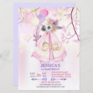 Convites Wild One First Birthday TeePee Boho-Large