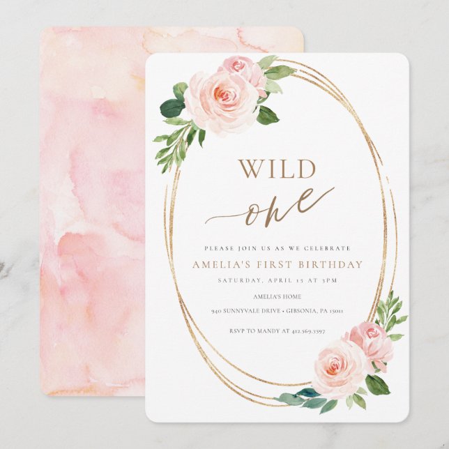 Convites Wild One Floral First Birthday Invitation Girl (Frente/Verso)