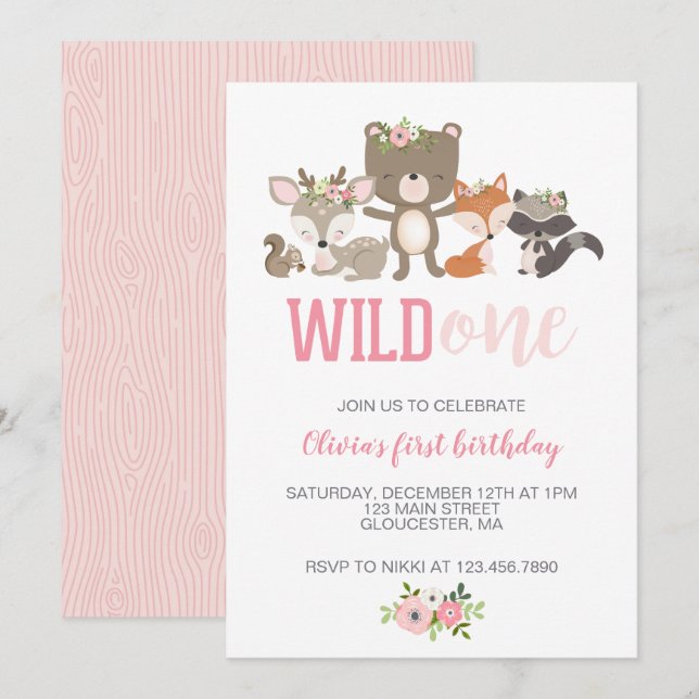 Convites Wild One Floral Woodland Animal Primeiro Aniversár (Frente/Verso)