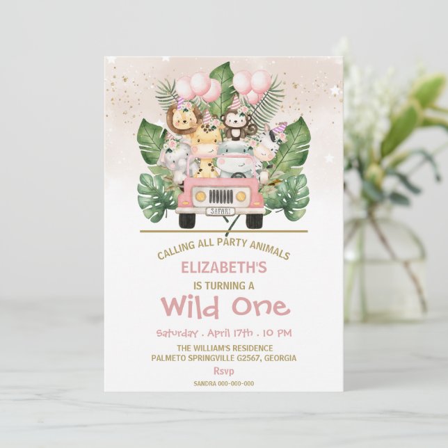 Convites Wild One Girl 1st Birthday Jungle Safari Animals (Em pé/Frente)