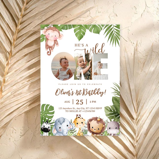 Convites Wild One Jungle Safari Animal  Photo 1st Birthday (Criador carregado)