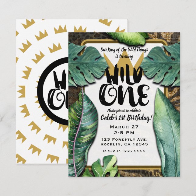 Convites Wild One King of Thits Crown primeiro aniversario  (Frente/Verso)