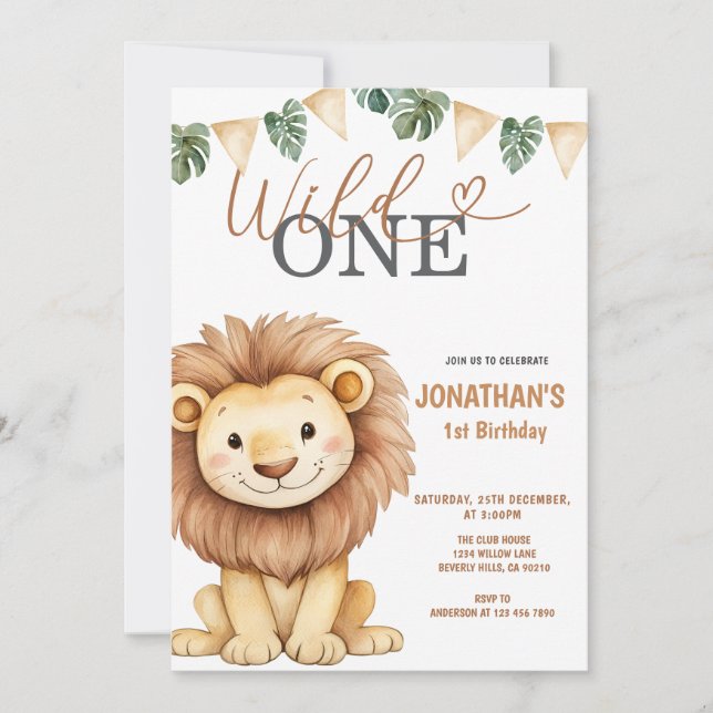 Convites  Wild One Lion 1st Birthday Party (Frente)
