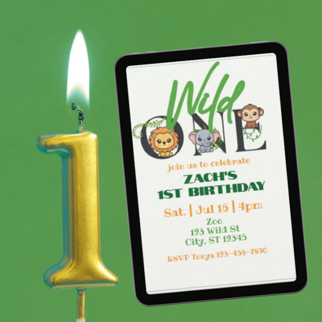 Convites Wild One Lion Elephant Monkey 1st Birthday Minimal (Criador carregado)