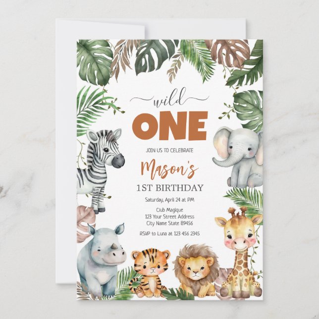 Convites Wild One Party Animals Kids 1st Birthday (Frente)