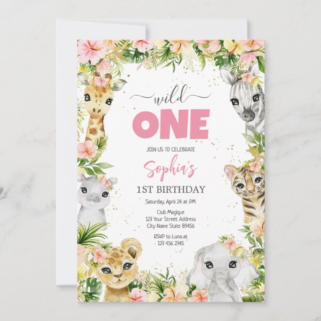 Convites Wild One Party Animals Kids 1st Birthday (Frente)
