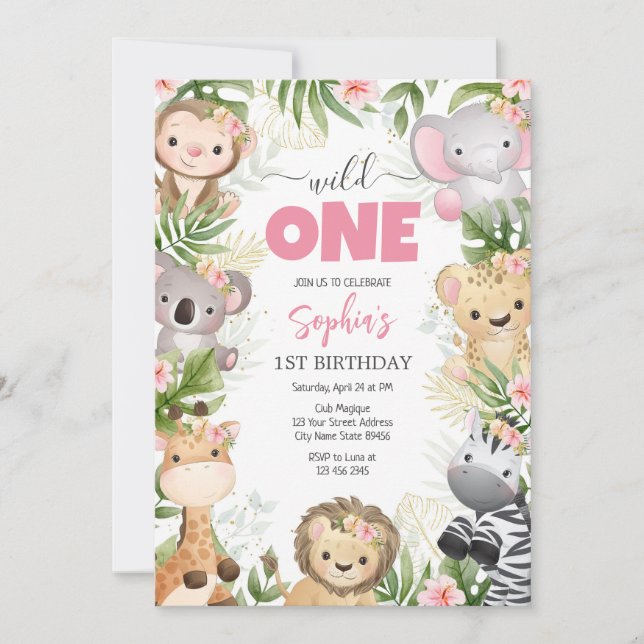 Convites Wild One Party Animals Kids 1st Birthday (Frente)