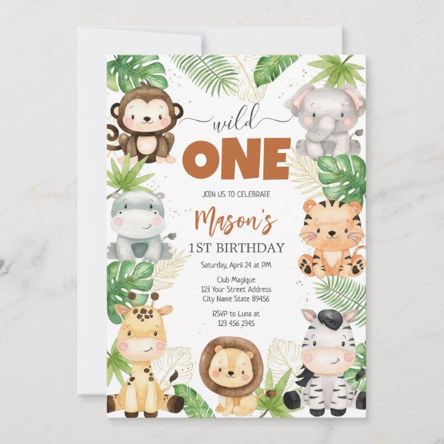 Convites Wild One Party Animals Kids 1st Birthday (Frente)