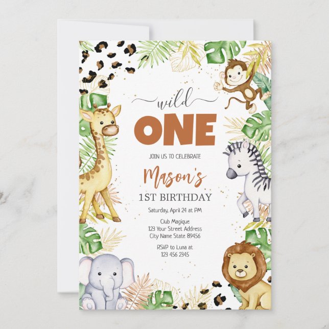 Convites Wild One Party Animals Kids 1st Birthday (Frente)