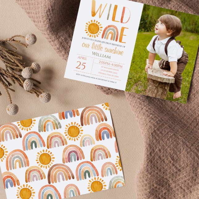 Convites Wild One primeiro aniversario Watercolor Arco-íris (Criador carregado)