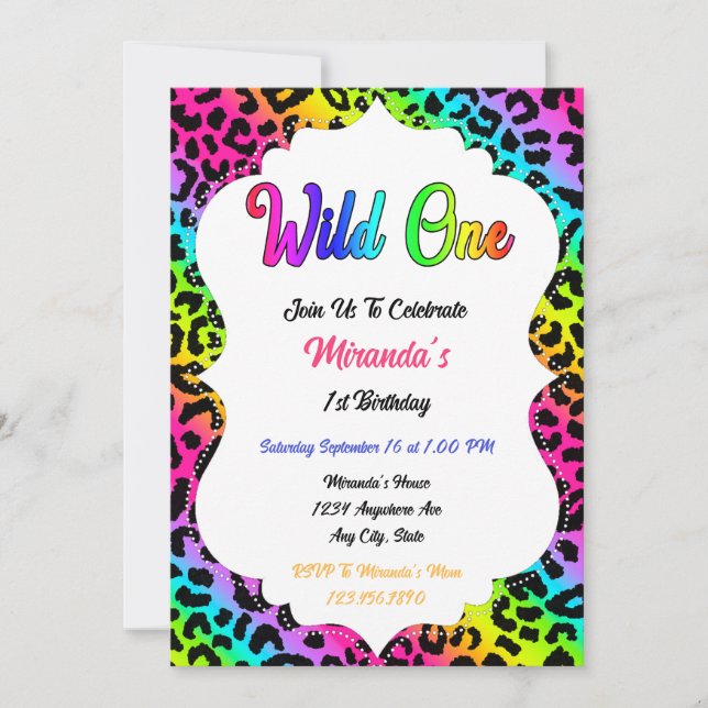 Convites Wild One Rainbow Leopard Aniversário (Frente)