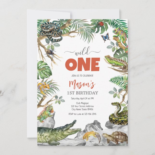 Convites Wild One Reptile Party Animals Kids 1st Birthday (Frente)
