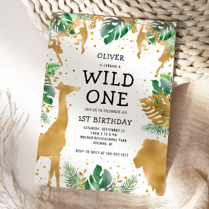 Convites Wild One Safari 1º Aniversário Verde Dourado Preto
