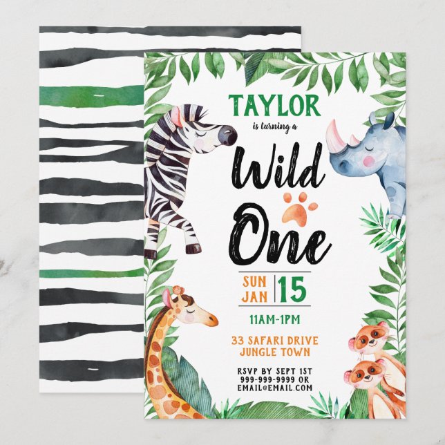 Convites Wild One Safari Animal Kids primeiro aniversario (Frente/Verso)