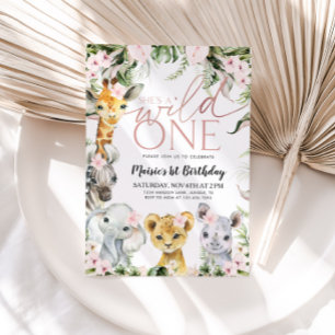 Convites Wild One Safari Animal primeiro aniversario Girl I