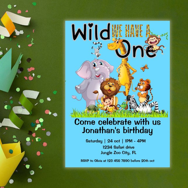 Convites Wild One Safari Animals 1st Birthday cartoon (Criador carregado)
