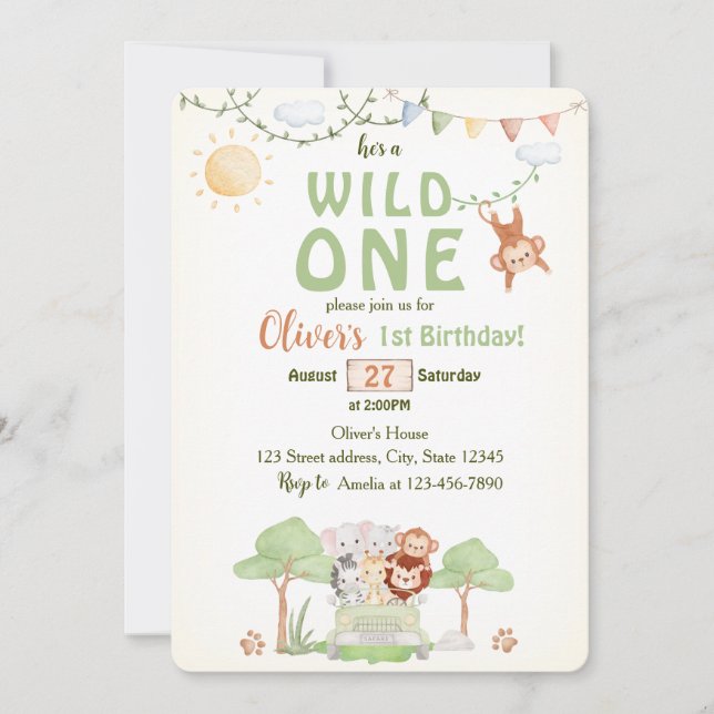 Convites Wild One Safari Animals Boy First Birthday  (Frente)