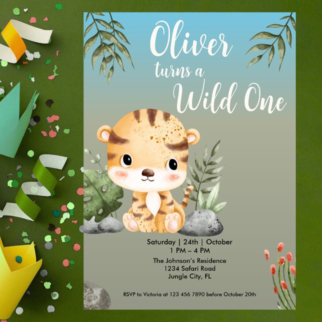 Convites Wild One Safari Animals Cute Tiger 1st Birthday (Criador carregado)
