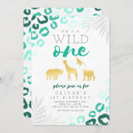 Convites Wild One Safari Azul e primeiro aniversario Dourad