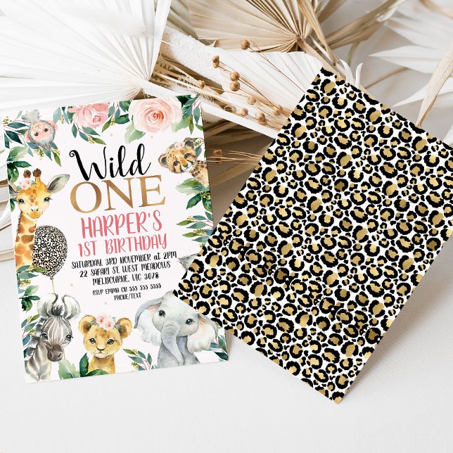 Convites Wild One Safari Cheetah Impressão Balloon primeiro (Leopard Print Wild One 1st Birthday for girl - cheetah print, cheetah print balloon,  pink floral)