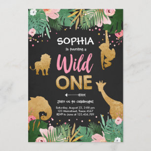 Convites Wild One Safari Dourada Rapariga Rosa Noivado
