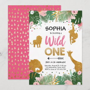 Convites Wild One Safari Dourada Rapariga Rosa Noivado