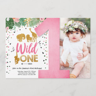 Convites Wild One Safari Dourada Rapariga Rosa Noivado