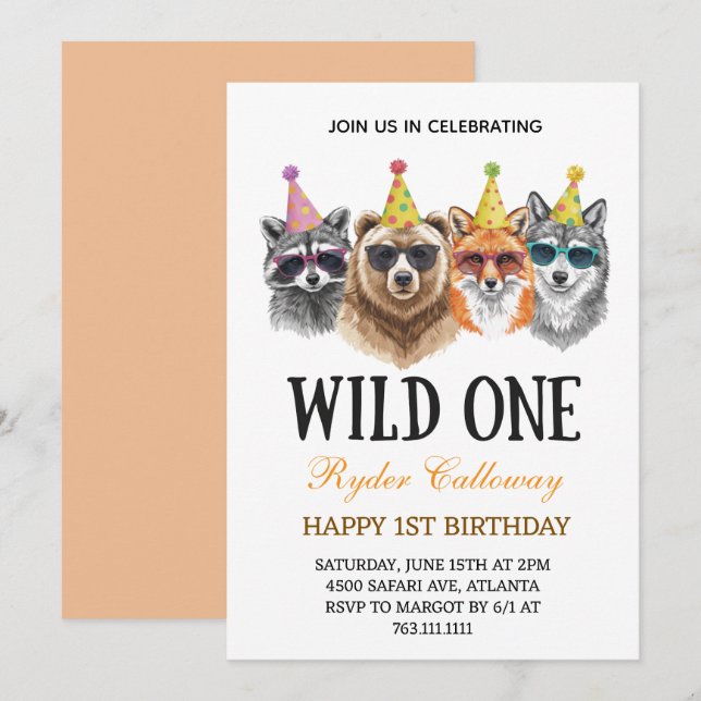 Convites Wild One Safari First Birthday – Jungle Animal  (Frente/Verso)