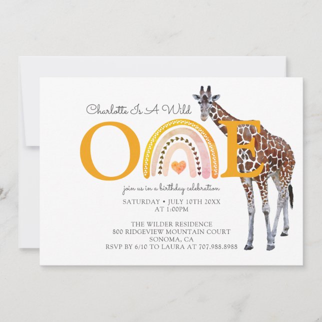 Convites Wild One Safari Giraffe Girl no primeiro aniversár (Frente)