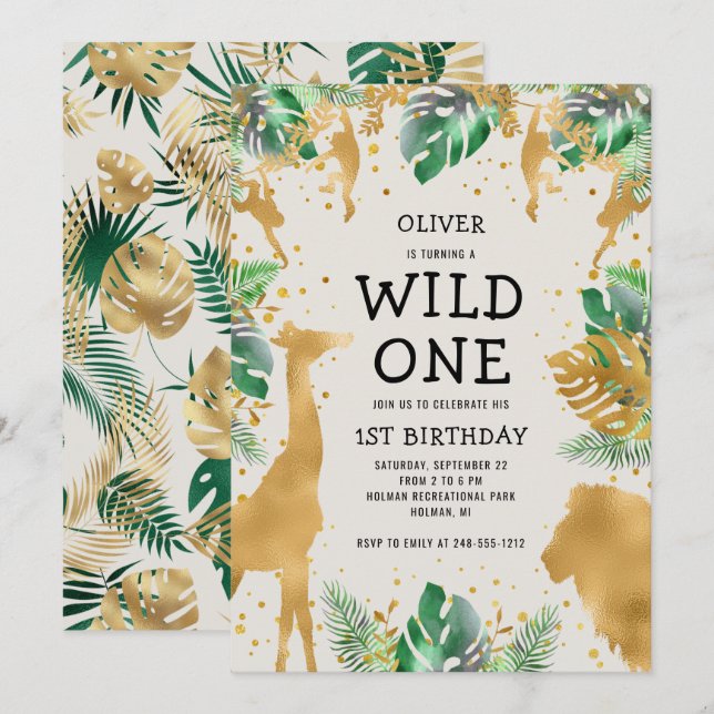 Convites Wild One Safari Green Dourado Ecru primeiro aniver (Frente/Verso)