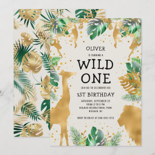 Convites Wild One Safari Green Dourado Ecru primeiro aniver